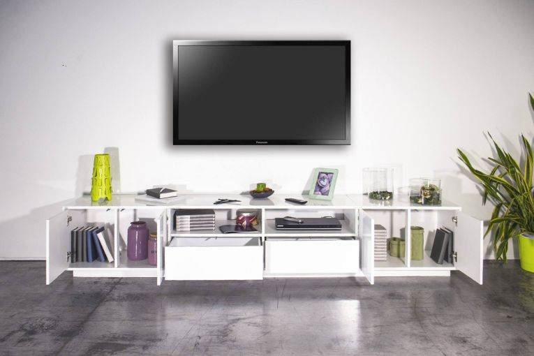 Base TV bianco lucido 260x41x46h cm 4 ante e 2 cassetti - Albak