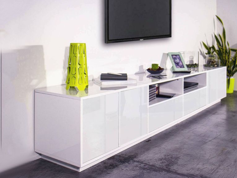 Base TV bianco lucido 260x41x46h cm 4 ante e 2 cassetti - Albak