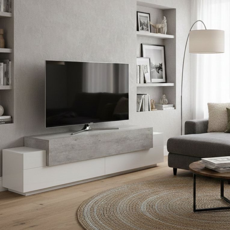 Base TV bianco lucido,cemento 200x45x52h cm 3 ante - Arold