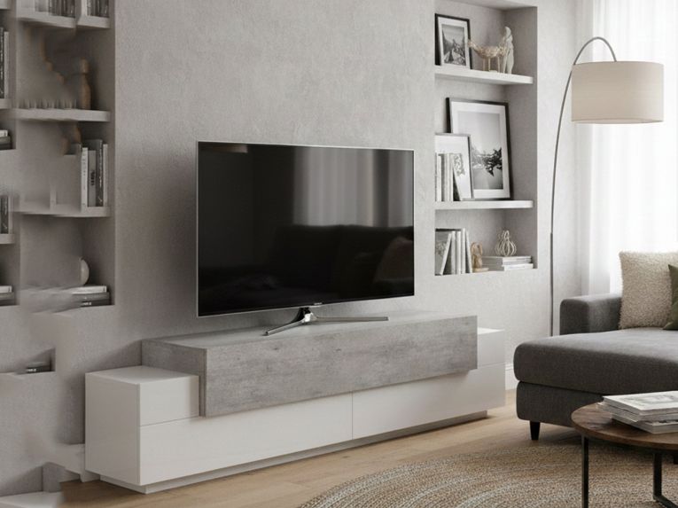 Base TV bianco lucido,cemento 200x45x52h cm 3 ante - Arold