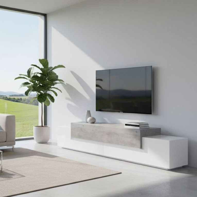 Base TV bianco lucido,cemento 240x45x52h cm 3 ante - Tiche