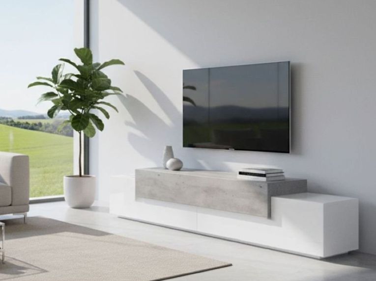 Base TV bianco lucido,cemento 240x45x52h cm 3 ante - Tiche