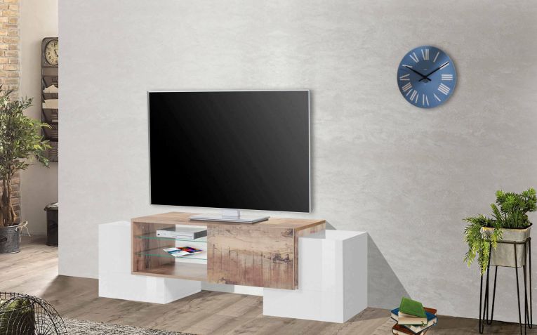 Base TV bianco lucido e acero 100x45x45h cm 3 ante - Moldavite