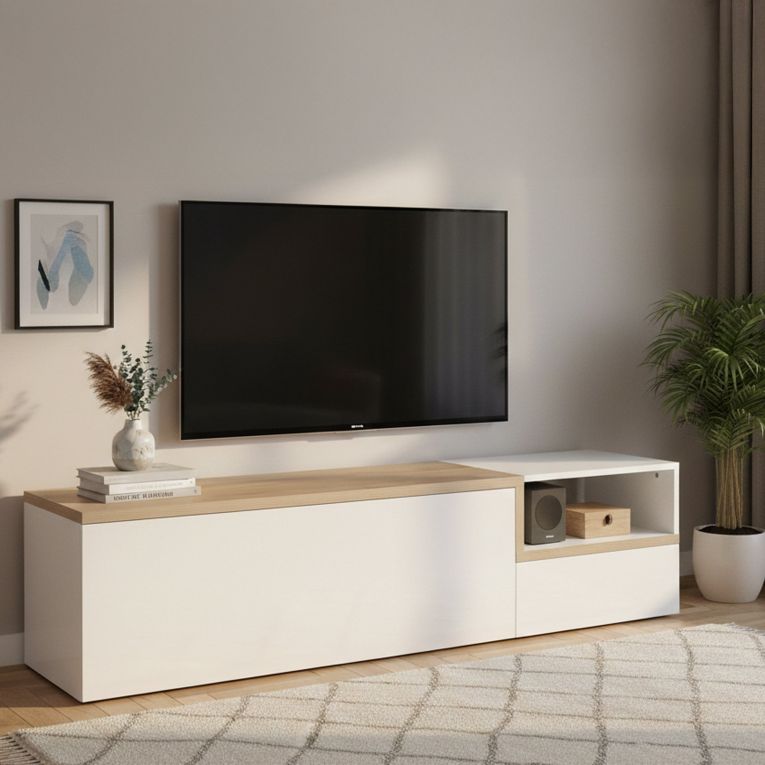 Base TV bianco lucido e acero 160x40x46h cm 2 ante - Fluorite