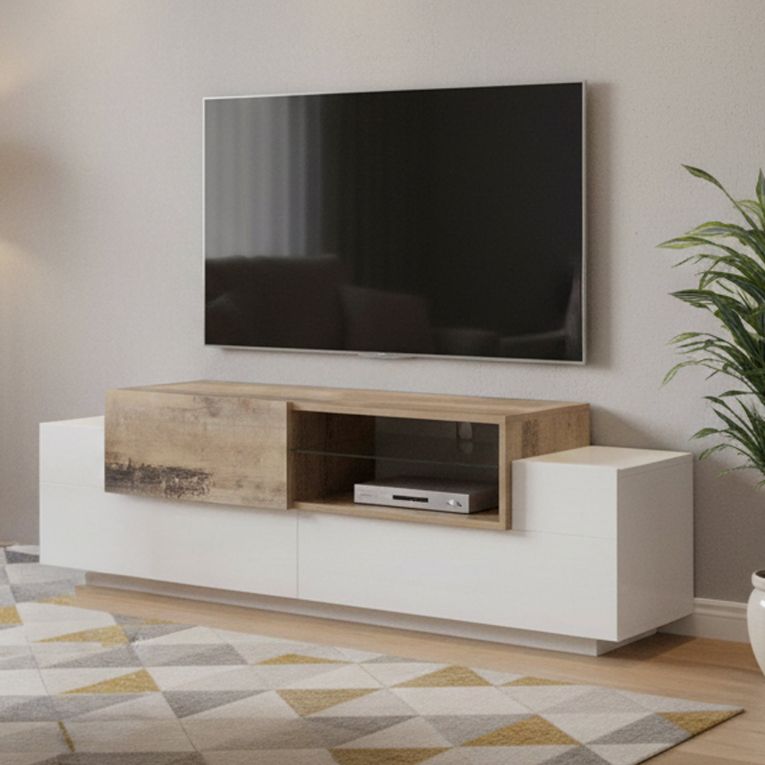 Base TV bianco lucido e acero 160x45x51h cm 3 ante - Andris