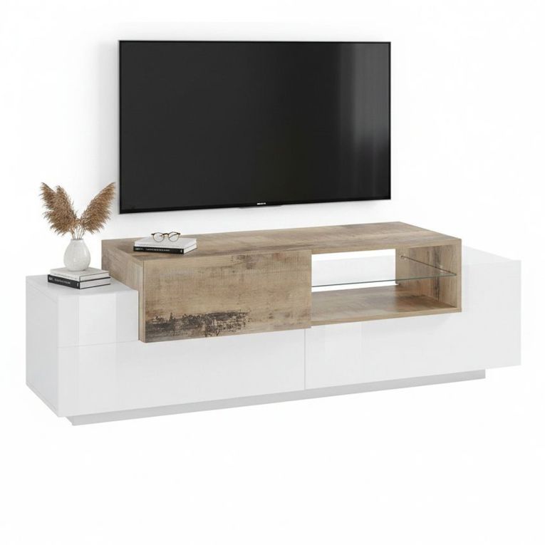 Base TV bianco lucido e acero 160x45x51h cm 3 ante - Andris