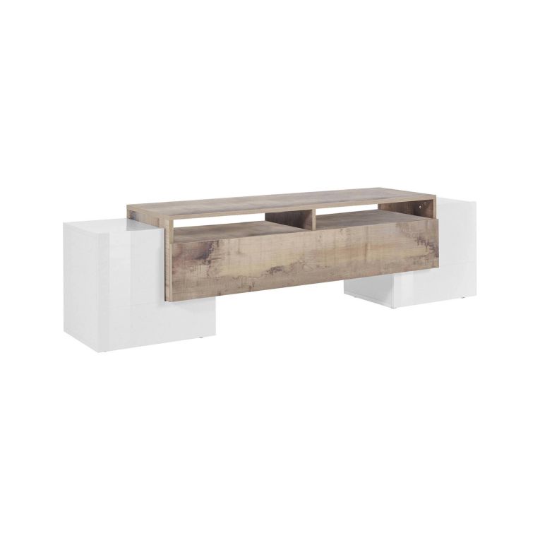Base TV bianco lucido e acero 170x45x45h cm 3 ante - Abele