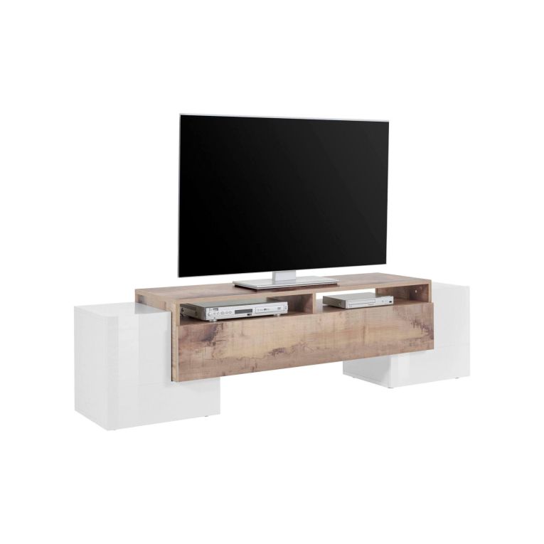 Base TV bianco lucido e acero 170x45x45h cm 3 ante - Abele