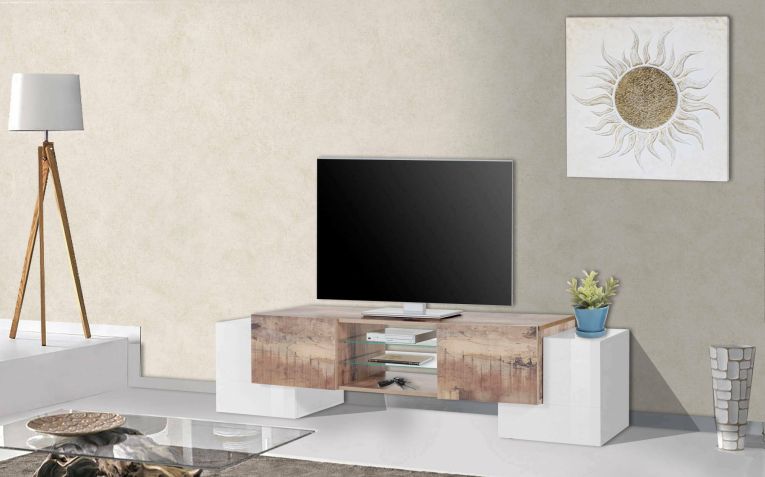 Base TV bianco lucido e acero 190x45x45h cm 4 ante - Arancione