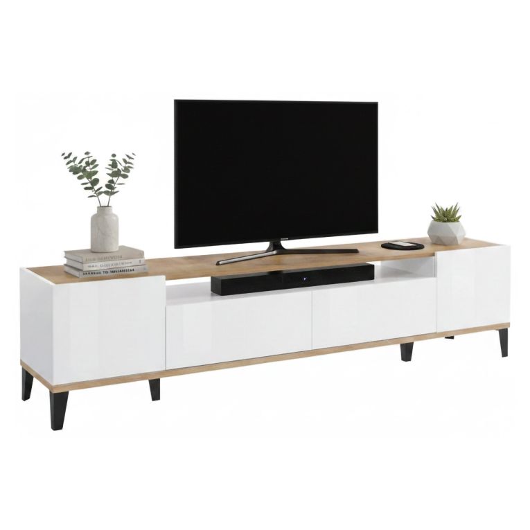 Base TV bianco lucido e acero 200x40x47h cm 2 ante e 2 cassetti - Abina