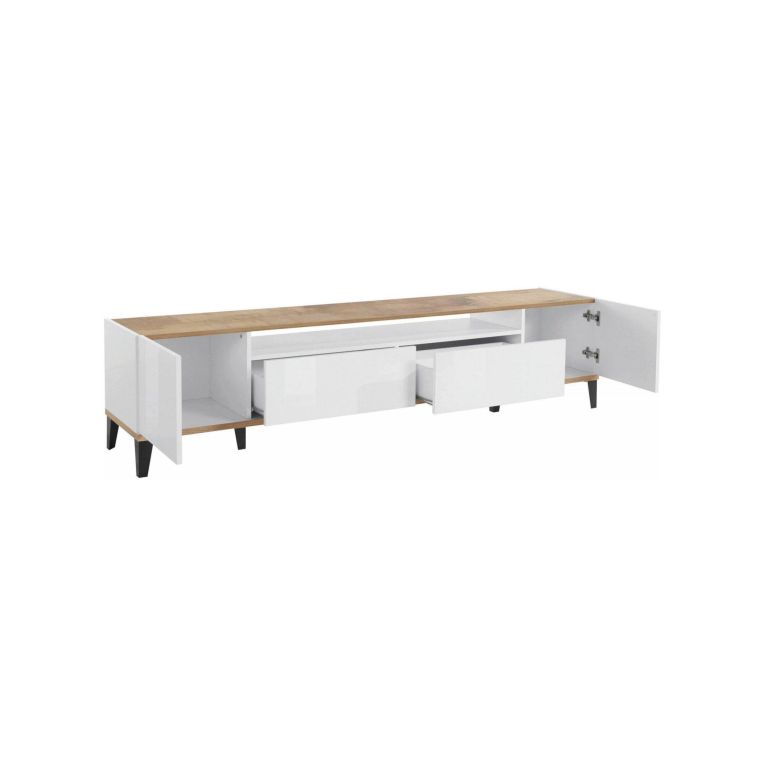 Base TV bianco lucido e acero 200x40x47h cm 2 ante e 2 cassetti - Abina