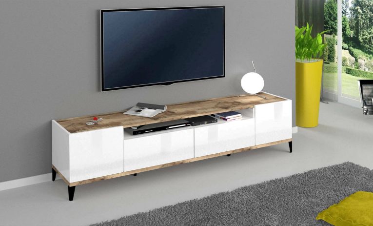 Base TV bianco lucido e acero 200x40x47h cm 2 ante e 2 cassetti - Abina