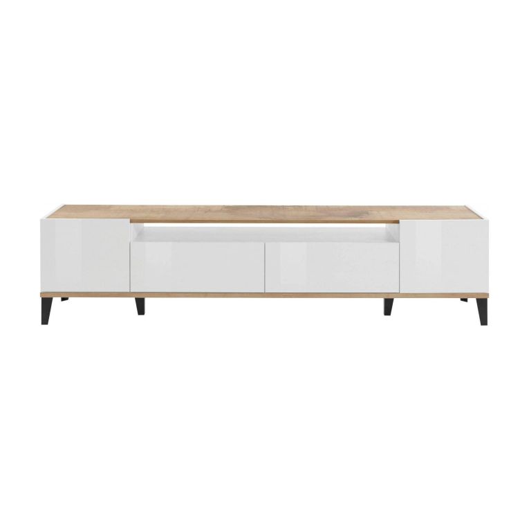 Base TV bianco lucido e acero 200x40x47h cm 2 ante e 2 cassetti - Abina
