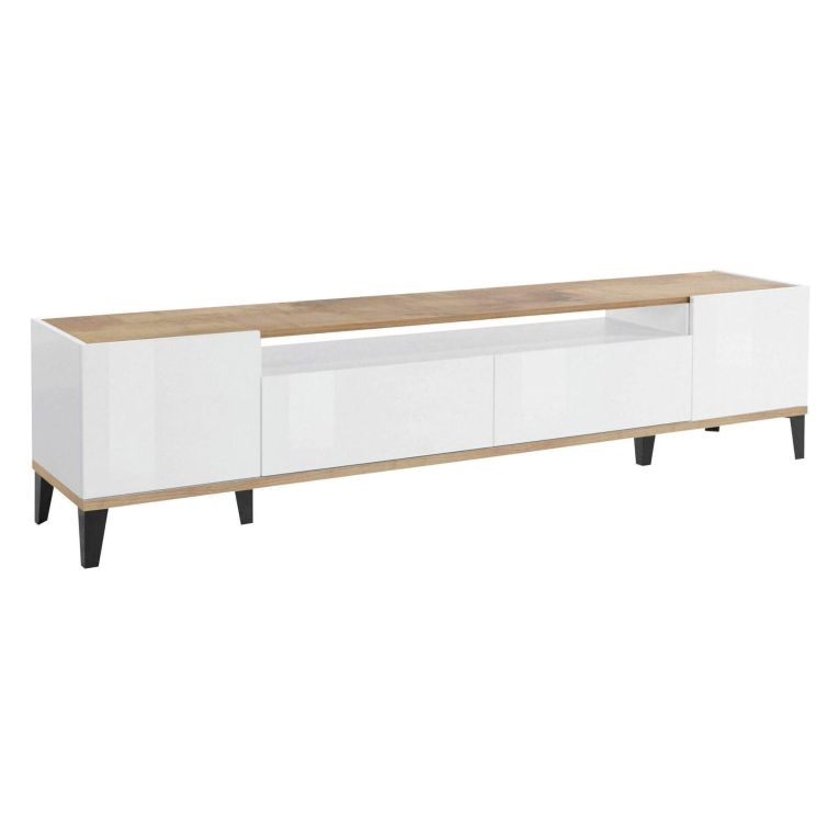 Base TV bianco lucido e acero 200x40x47h cm 2 ante e 2 cassetti - Abina