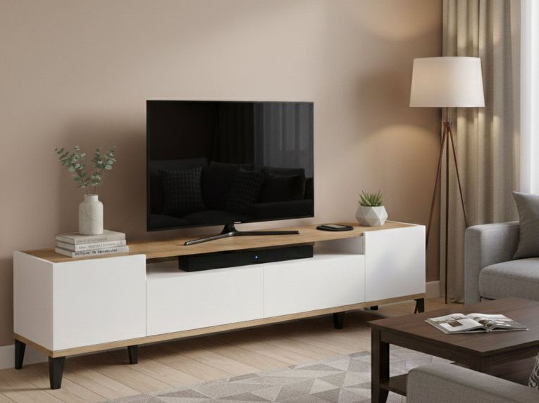 Base TV bianco lucido e acero 200x40x47h cm 2 ante e 2 cassetti - Abina
