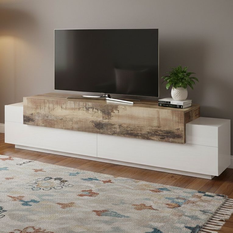 Base TV bianco lucido e acero 200x45x52h cm 3 ante - Arold