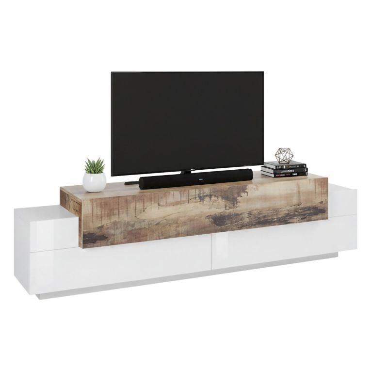 Base TV bianco lucido e acero 200x45x52h cm 3 ante - Arold
