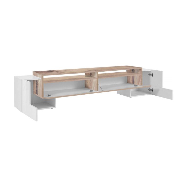 Base TV bianco lucido e acero 210x45x45h cm 3 ante - Amis