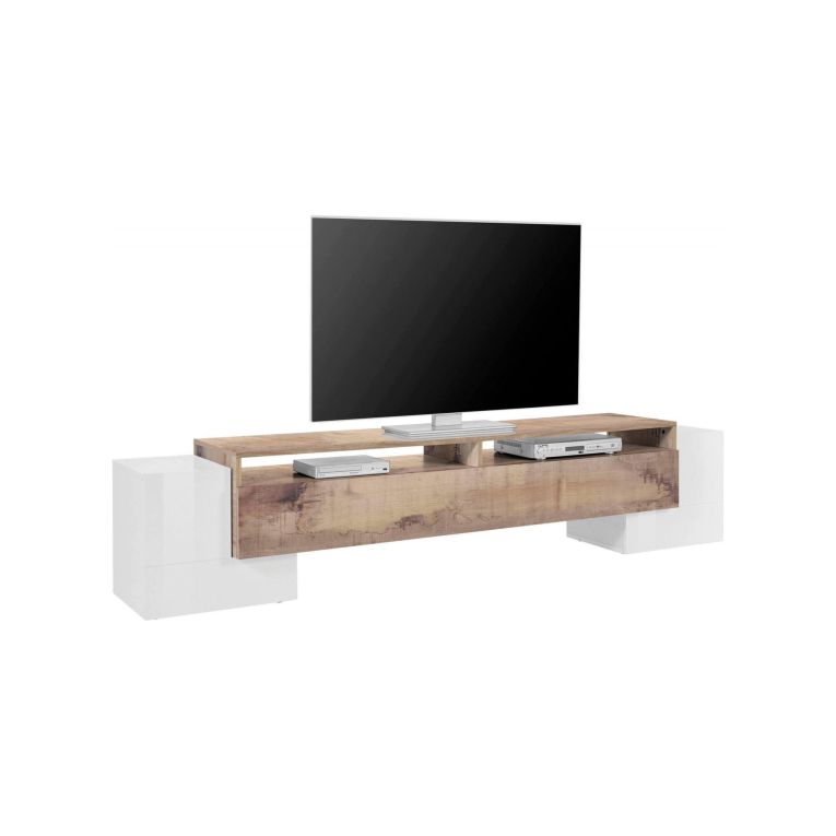 Base TV bianco lucido e acero 210x45x45h cm 3 ante - Amis