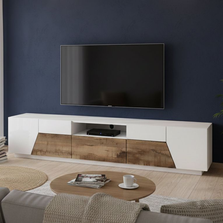 Base TV bianco lucido e acero 220x43x46h cm 4 ante e 1 cassetto - Animai