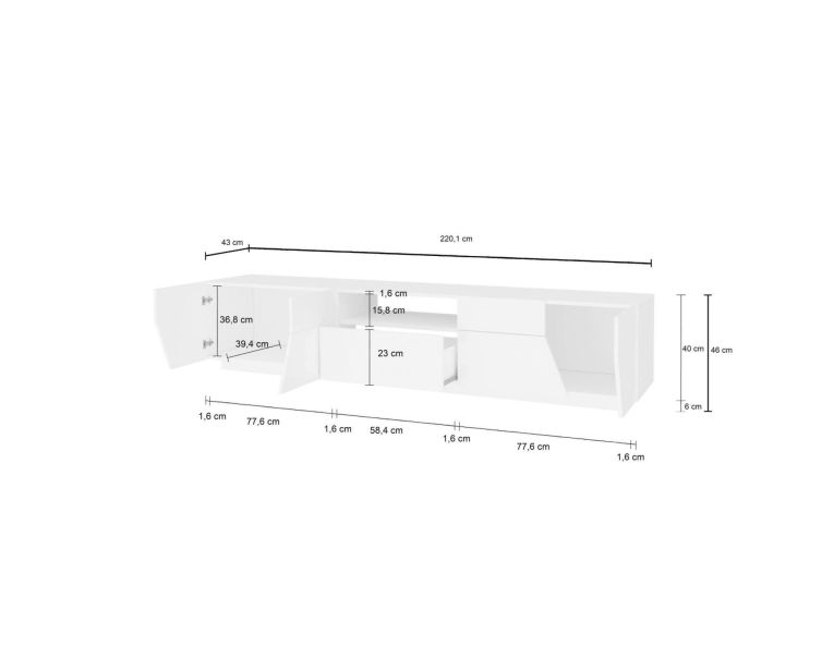 Base TV bianco lucido e acero 220x43x46h cm 4 ante e 1 cassetto - Animai