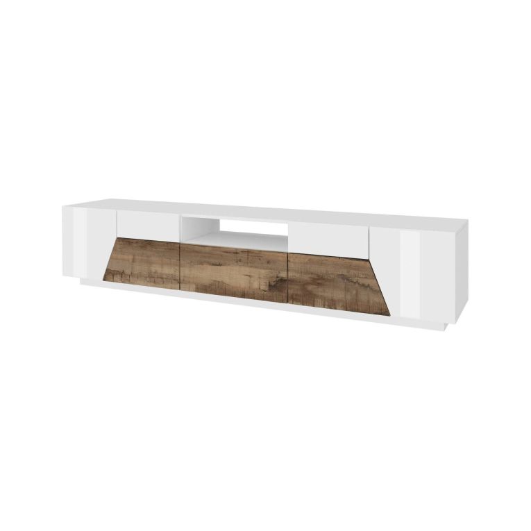 Base TV bianco lucido e acero 220x43x46h cm 4 ante e 1 cassetto - Animai