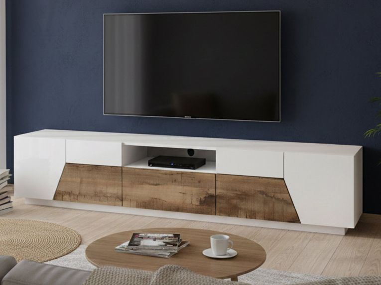 Base TV bianco lucido e acero 220x43x46h cm 4 ante e 1 cassetto - Animai