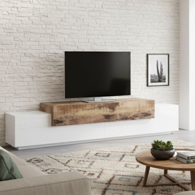 Base TV bianco lucido e acero 240x45x52h cm 3 ante - Tiche
