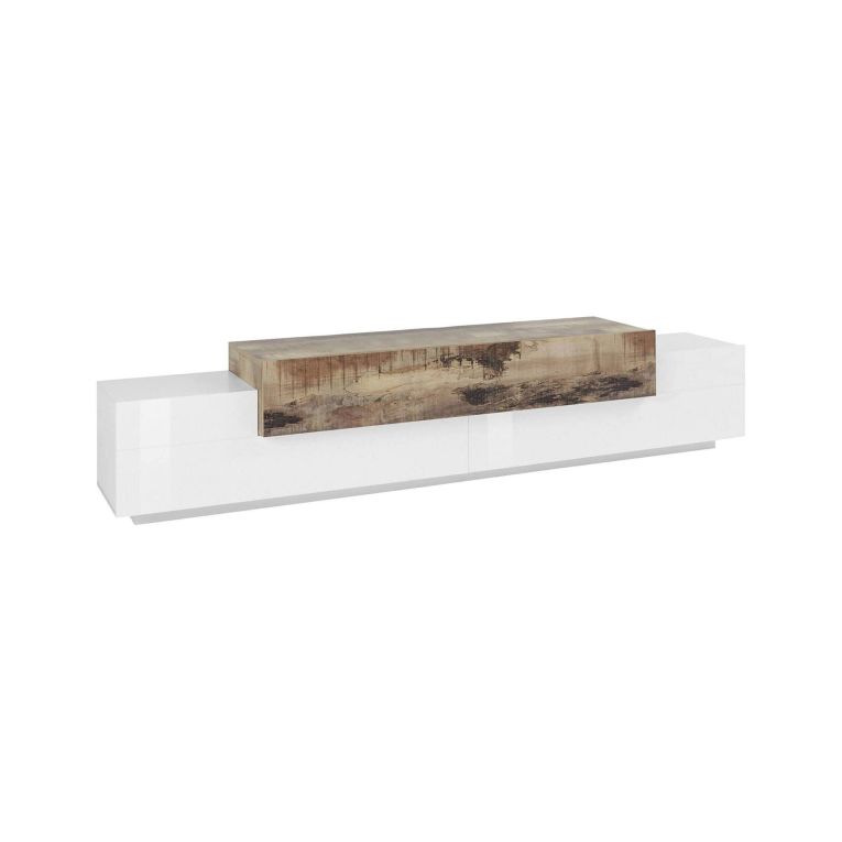 Base TV bianco lucido e acero 240x45x52h cm 3 ante - Tiche