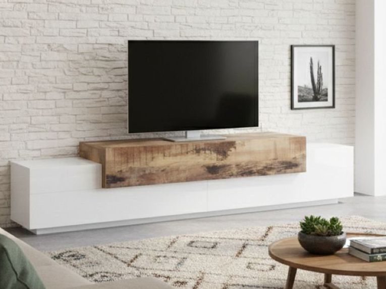 Base TV bianco lucido e acero 240x45x52h cm 3 ante - Tiche