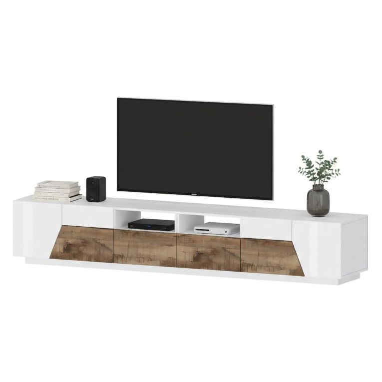 Base TV bianco lucido e acero 260x43x46h cm 4 ante e 2 cassetti - Asdrubale