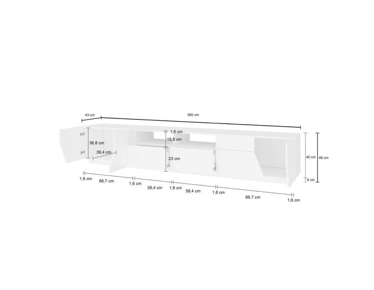 Base TV bianco lucido e acero 260x43x46h cm 4 ante e 2 cassetti - Asdrubale