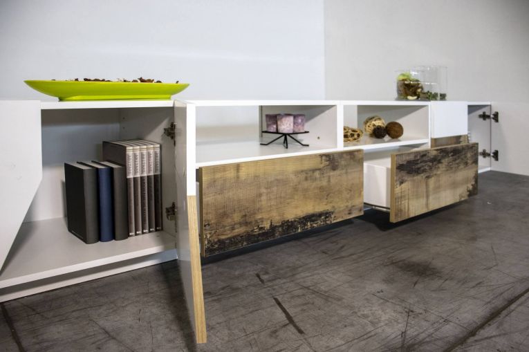 Base TV bianco lucido e acero 260x43x46h cm 4 ante e 2 cassetti - Asdrubale