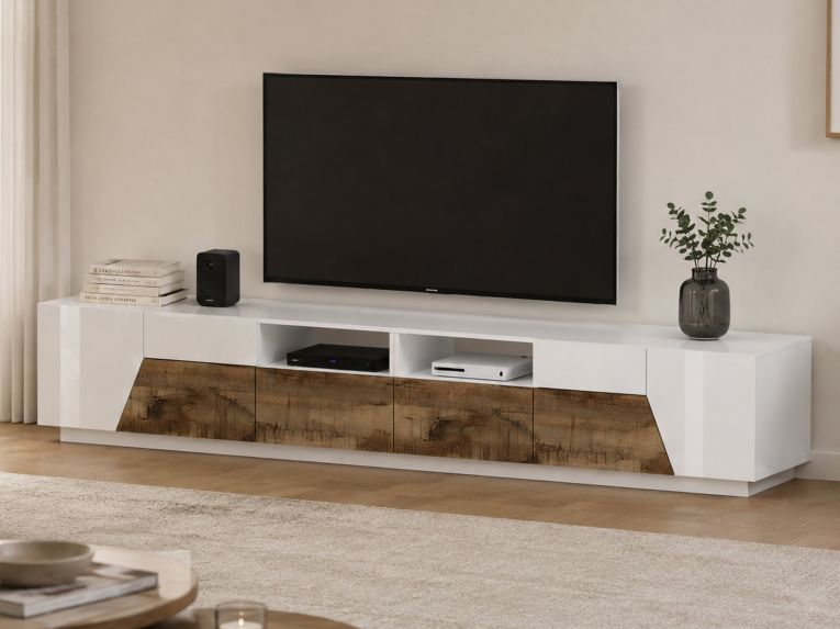 Base TV bianco lucido e acero 260x43x46h cm 4 ante e 2 cassetti - Asdrubale