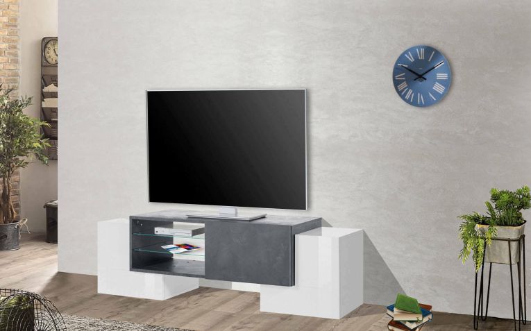 Base TV bianco lucido e ardesia 100x45x45h cm 3 ante - Moldavite