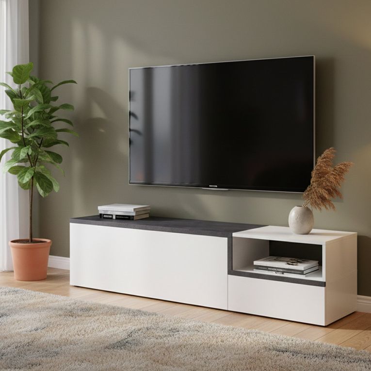 Base TV bianco lucido e ardesia 160x40x46h cm 2 ante - Fluorite