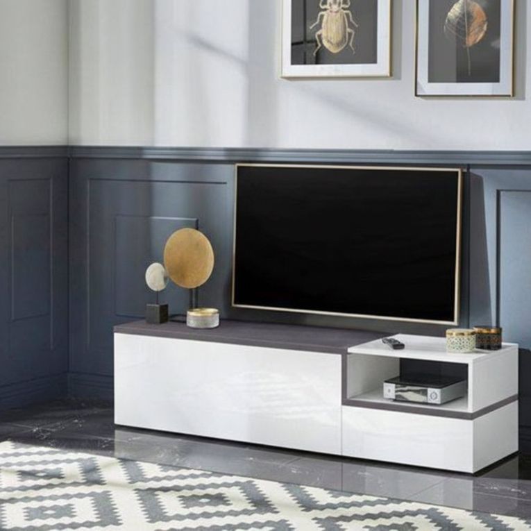 Base TV bianco lucido e ardesia 160x40x46h cm 2 ante - Fluorite