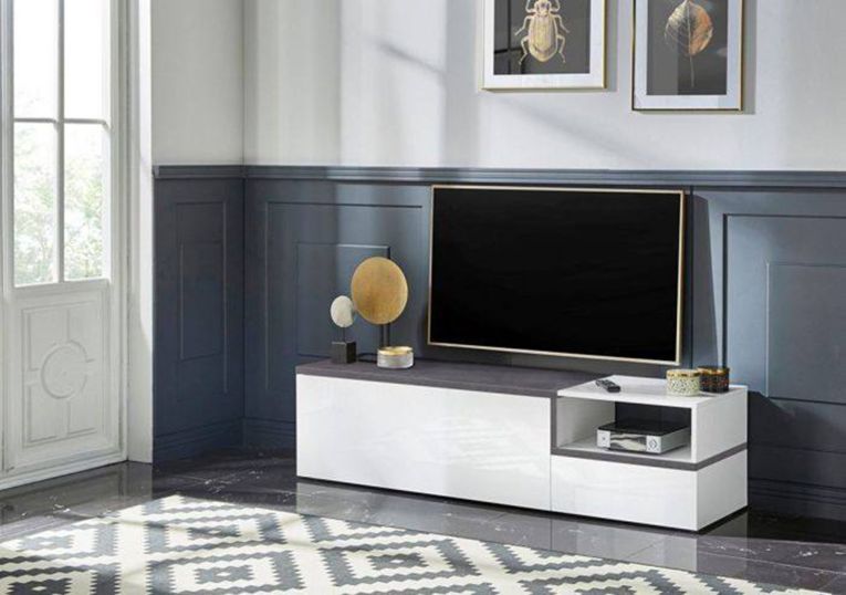 Base TV bianco lucido e ardesia 160x40x46h cm 2 ante - Fluorite