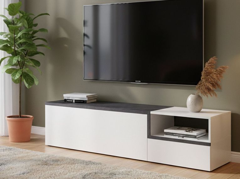 Base TV bianco lucido e ardesia 160x40x46h cm 2 ante - Fluorite