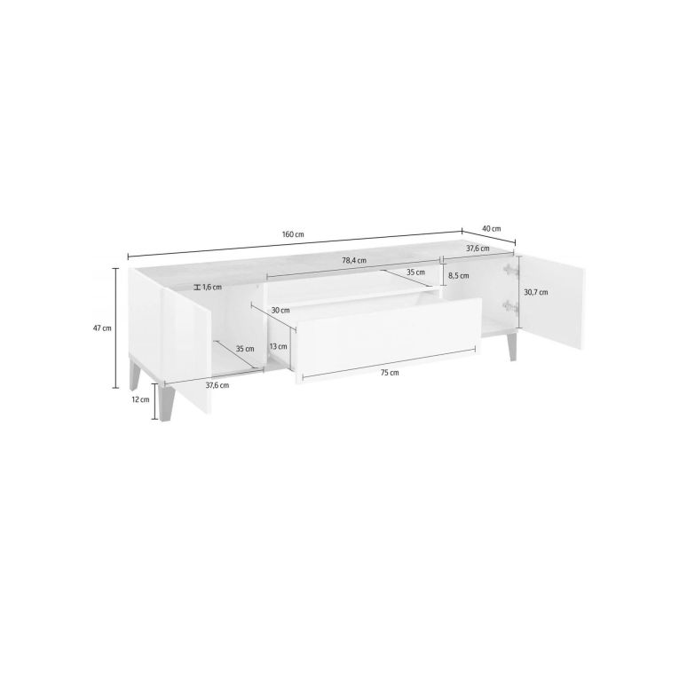 Base TV bianco lucido e ardesia 160x40x47h cm 2 ante e 1 cassetto - Argentoro