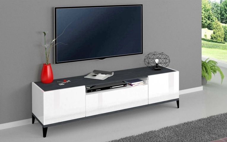 Base TV bianco lucido e ardesia 160x40x47h cm 2 ante e 1 cassetto - Argentoro