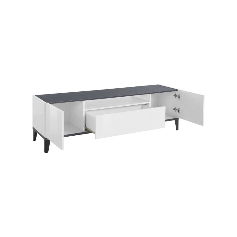 Base TV bianco lucido e ardesia 160x40x47h cm 2 ante e 1 cassetto - Argentoro