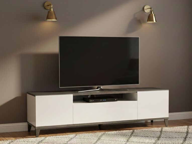Base TV bianco lucido e ardesia 160x40x47h cm 2 ante e 1 cassetto - Argentoro