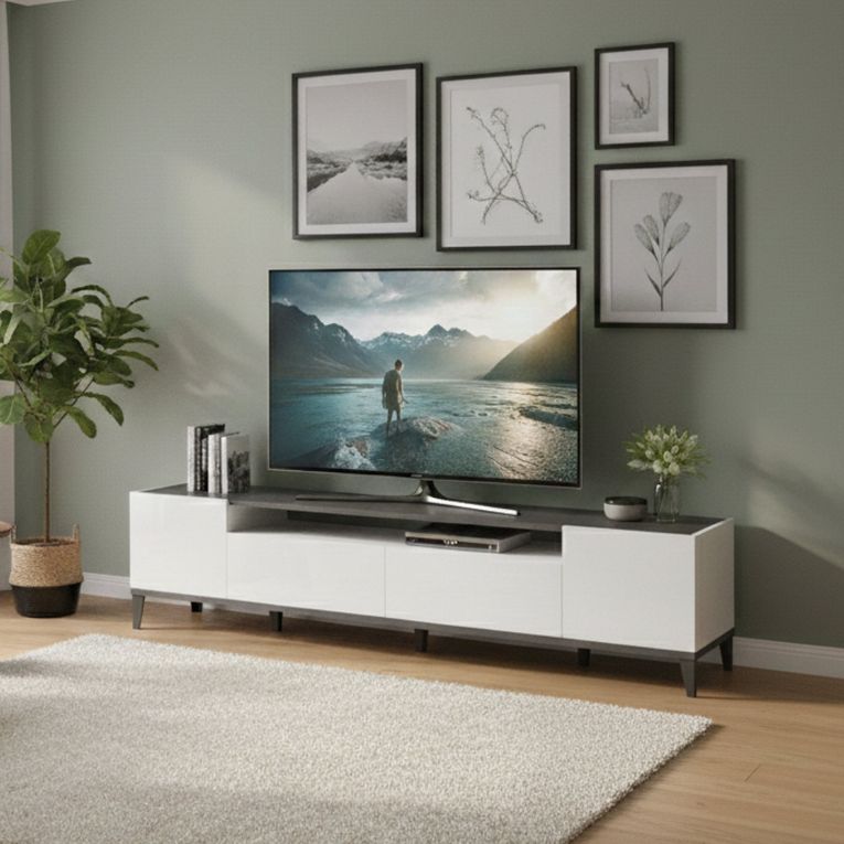 Base TV bianco lucido e ardesia 200x40x47h cm 2 ante e 2 cassetti - Abina