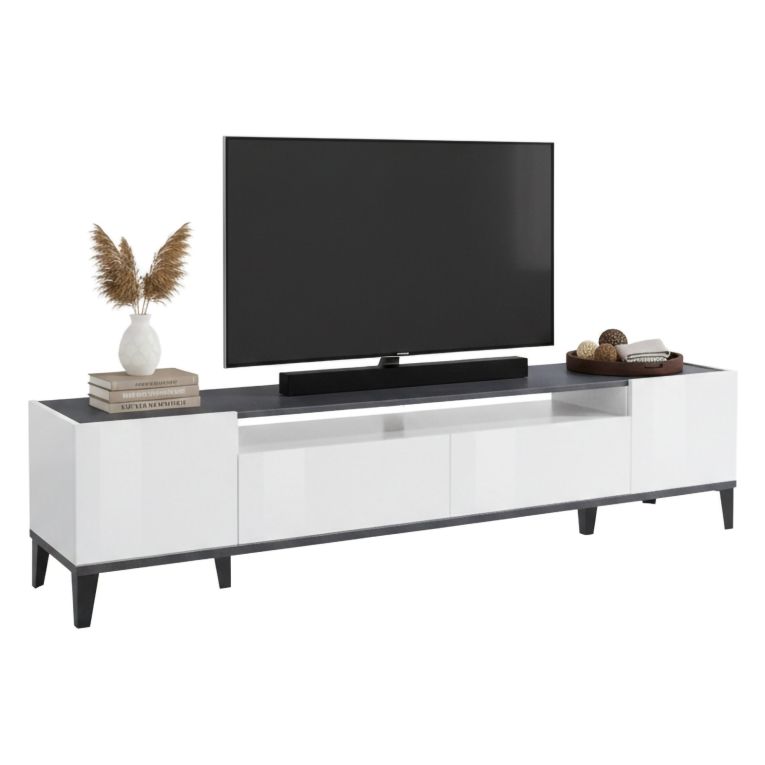 Base TV bianco lucido e ardesia 200x40x47h cm 2 ante e 2 cassetti - Abina