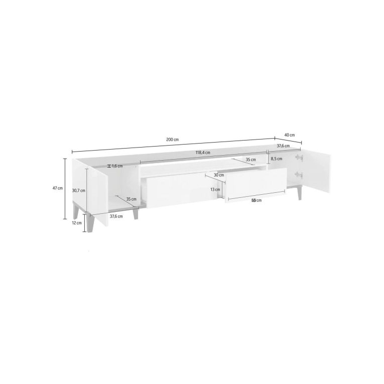 Base TV bianco lucido e ardesia 200x40x47h cm 2 ante e 2 cassetti - Abina