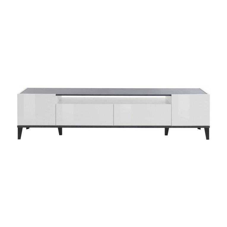 Base TV bianco lucido e ardesia 200x40x47h cm 2 ante e 2 cassetti - Abina
