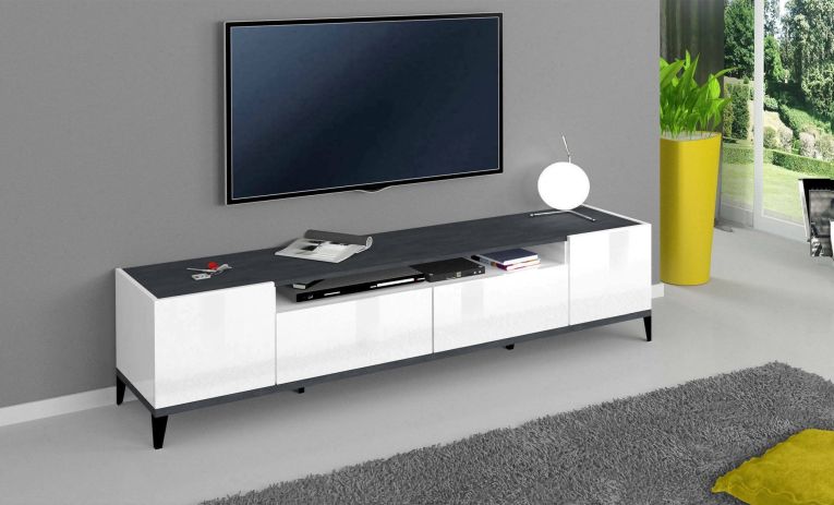 Base TV bianco lucido e ardesia 200x40x47h cm 2 ante e 2 cassetti - Abina