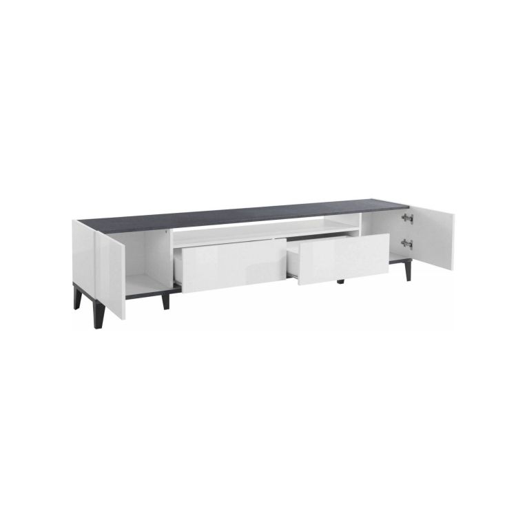 Base TV bianco lucido e ardesia 200x40x47h cm 2 ante e 2 cassetti - Abina