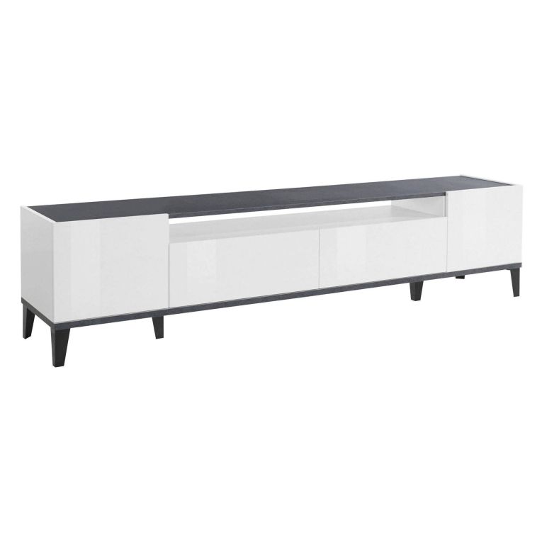Base TV bianco lucido e ardesia 200x40x47h cm 2 ante e 2 cassetti - Abina
